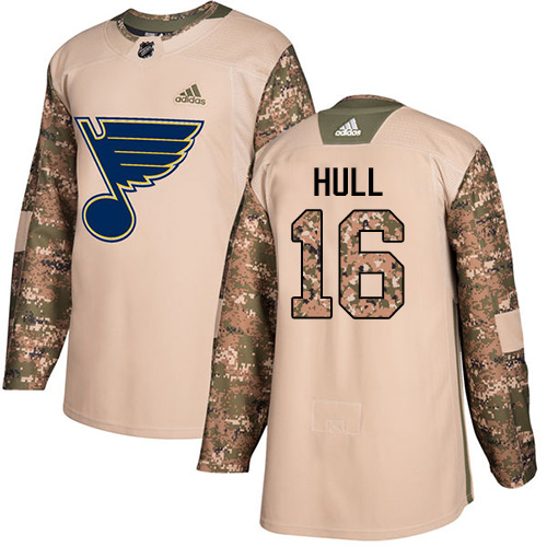 Adidas Blues #16 Brett Hull Camo Authentic Veterans Day Stitched NHL Jersey